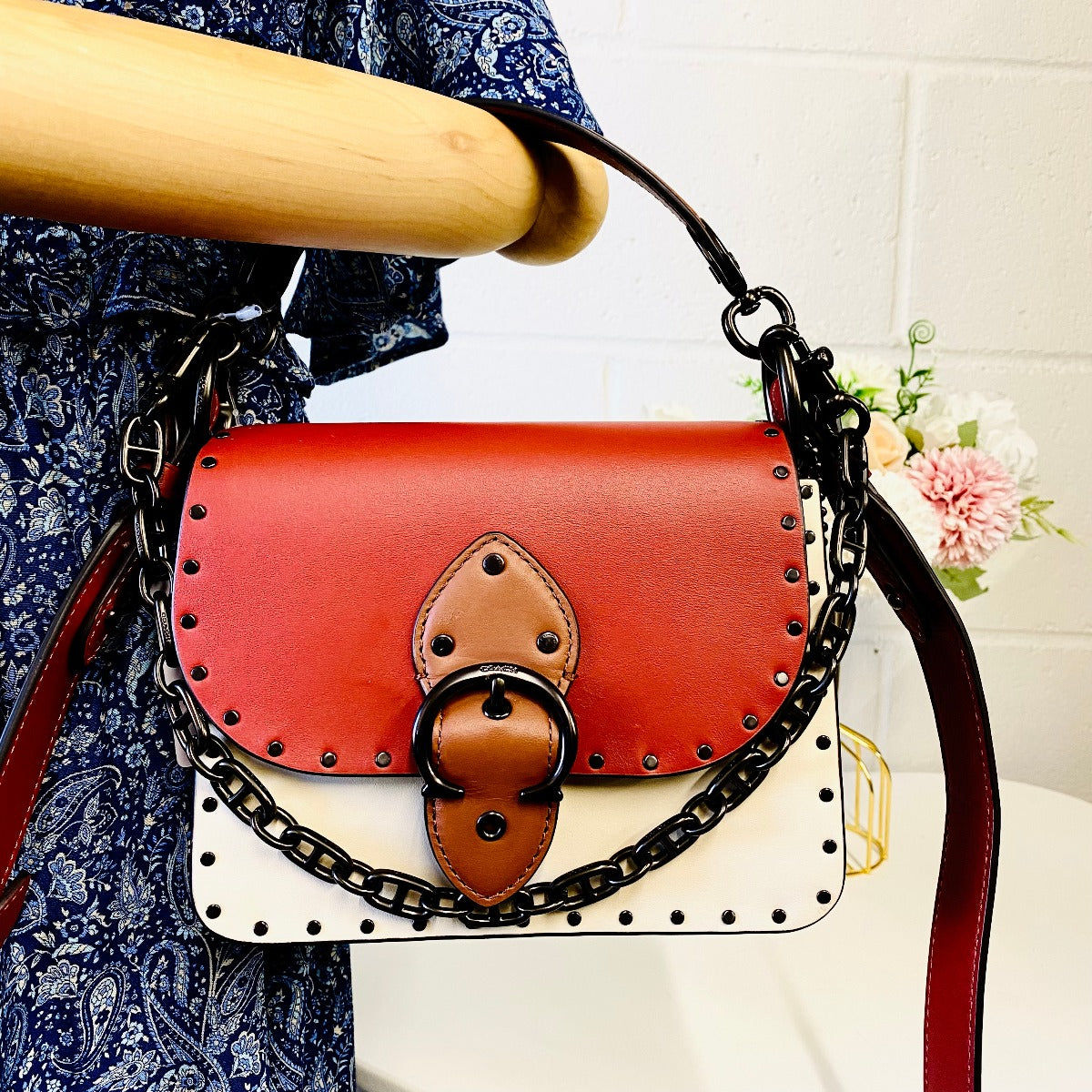 Coach C2661 Beat Shoulder Bag 18 In Colorblock With Rivets In Red Sand Ivory Multi Coach C2661 Beat Shoulder Bag 18 In Colorblock With Rivets In Red Sand Ivory Multi